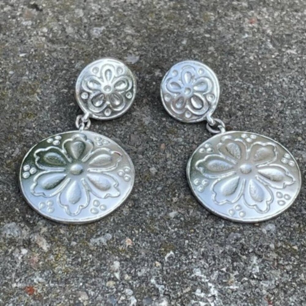 Flower Design Two Disc Stud Dangle Earrings
